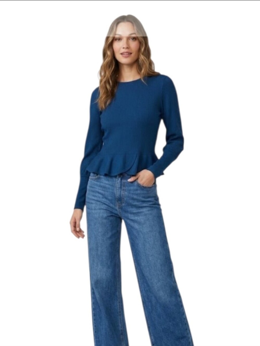 NWT Amour Vert Morgan Azure Blue Ribbed Knit Long Sleeve Peplum Top XXS